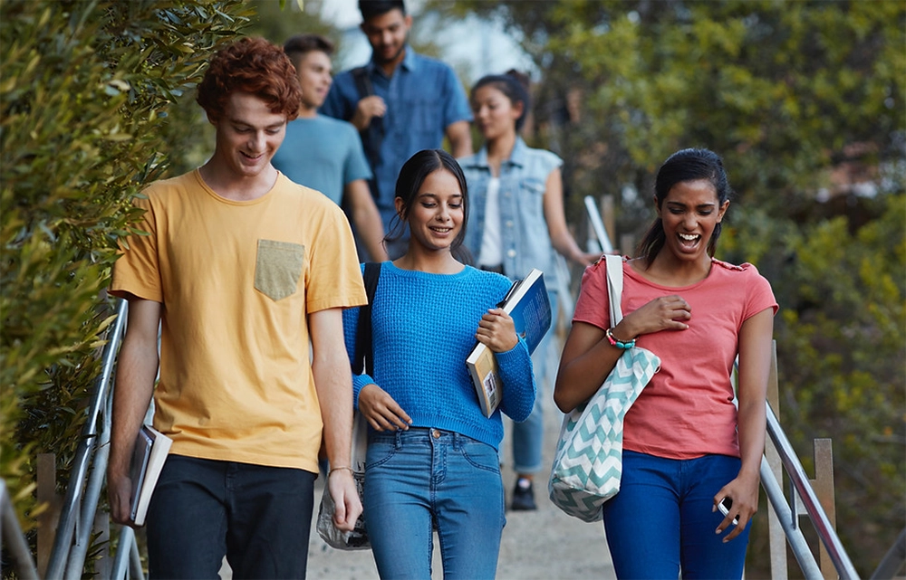Students walking down stairs